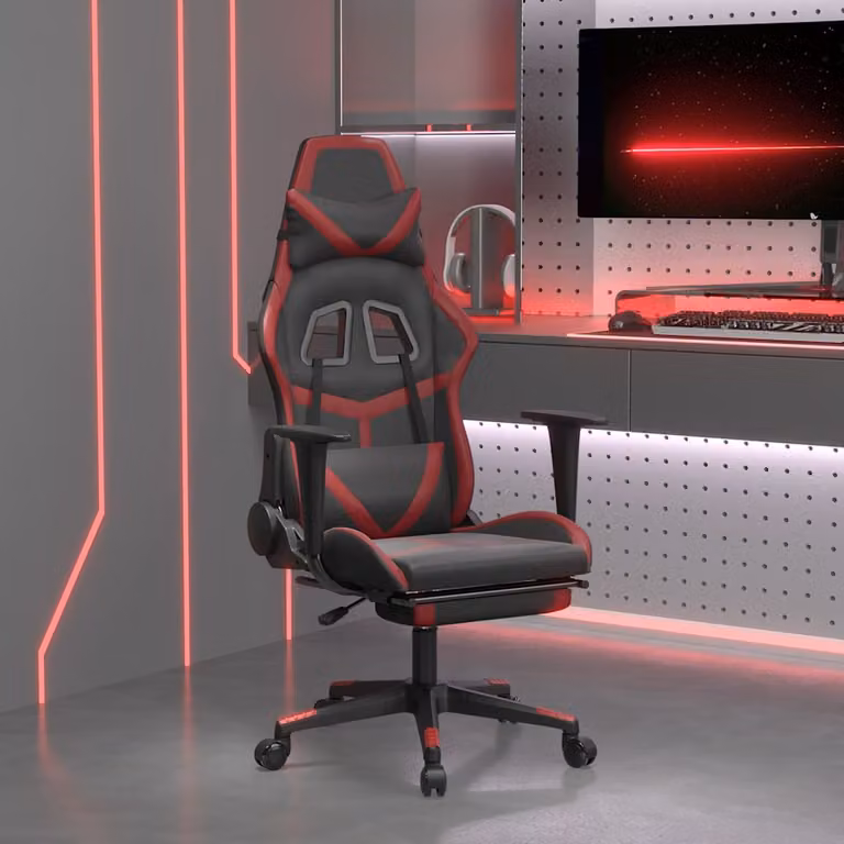 Sedia da Gaming vidaXL con Poggiapiedi, Nero e Rosso, in Similpelle con Braccioli e Ruote