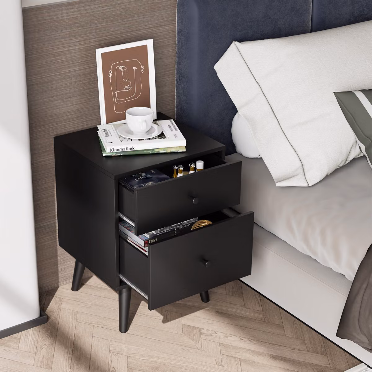 Comodino Costway moderno con 2 cassetti e gambe in legno di gomma, colore nero