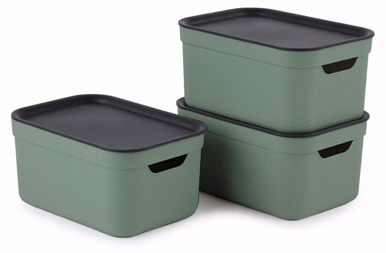 Set di 3 contenitori portaoggetti da 5 litri con coperchio, colore verde/antracite