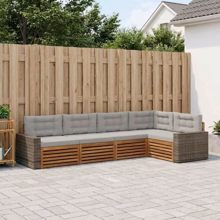vidaXL Set di divani da esterno a L composto da 5 pezzi in legno di acacia con cuscini beige e grigi