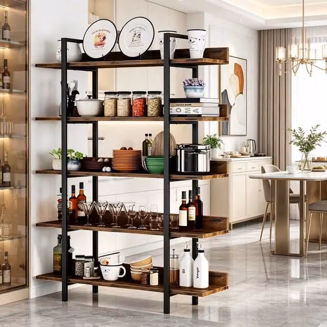Libreria 105x33x180 cm a 5 ripiani in metallo e legno nero e marrone rustico
