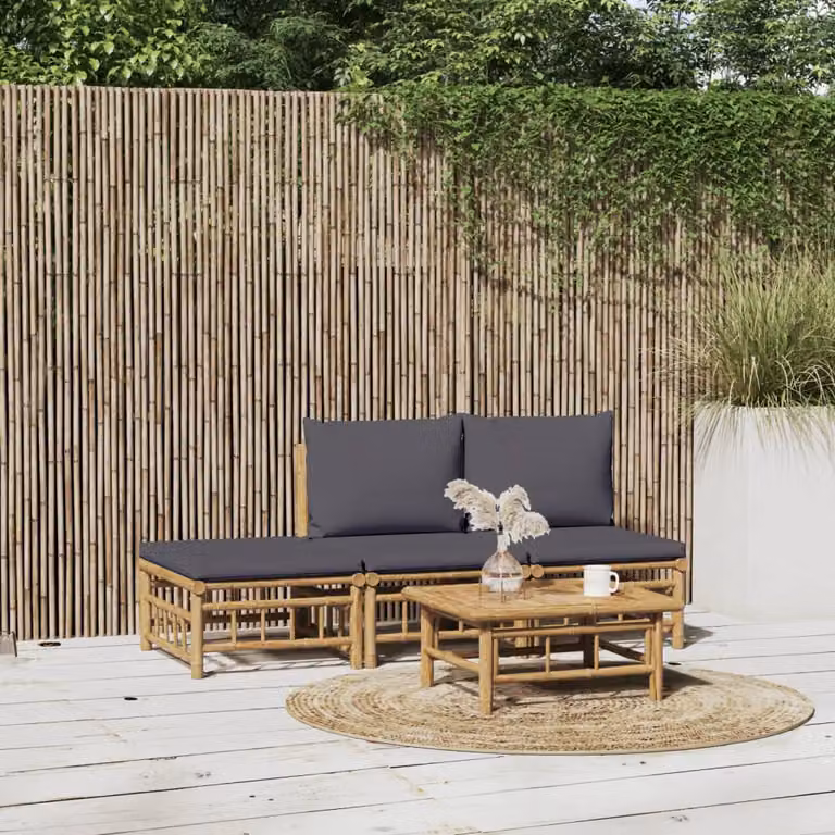 Set Salotto da Giardino vidaXL 4pz in Legno di Bambù con Cuscini Grigio e Marrone