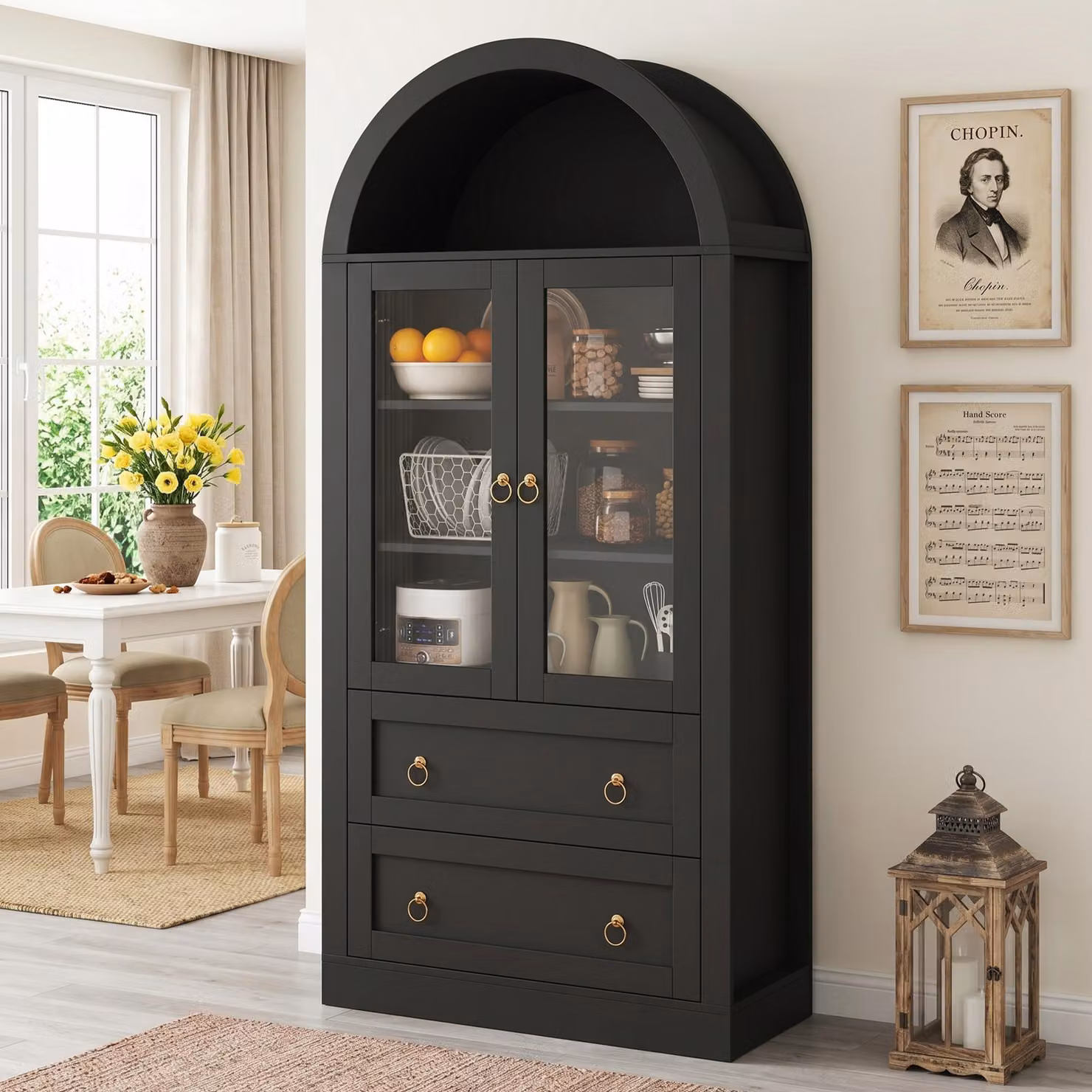Armadio a ponte alto 170 cm con cassetti e ante, mobile da cucina con ante a vetro, credenza, colore nero