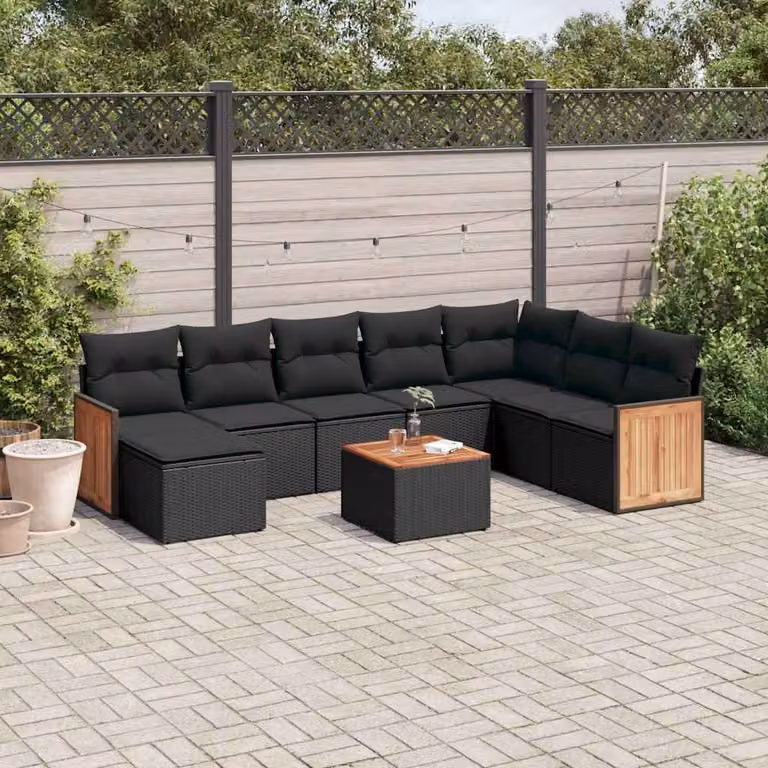 vidaXL Set Divani da Giardino 9 pz in Polyrattan Nero con Cuscini e Tavolino da Esterno