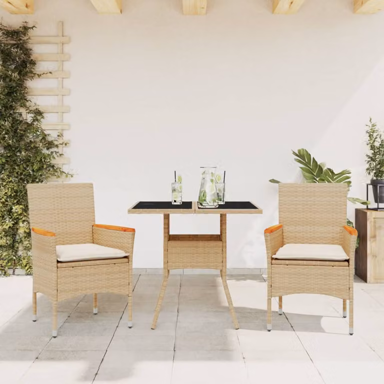Set da pranzo da giardino vidaXL in polyrattan e legno di acacia con cuscini beige e piano in vetro bianco, 3 pezzi