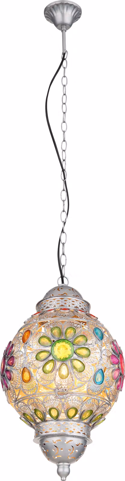 Lampada a sospensione Globo Lighting, struttura in metallo argentato, cristalli in acrilico, altezza regolabile, possibilità di accorciare l'altezza, colori dei cristalli in acrilico: viola, blu, verde, rosso, arancione, rosa, diametro: 270 mm, altezza: 1