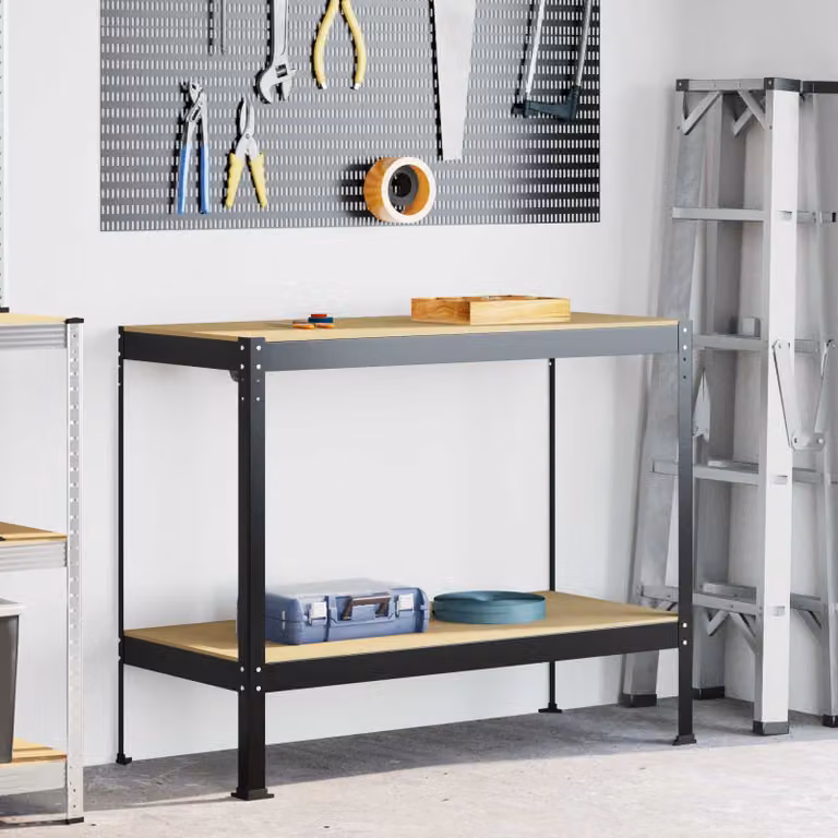 vidaXL Banco da lavoro con scaffale e pannello forato Nero L: 115 cm, P: 55 cm, H: 91 cm