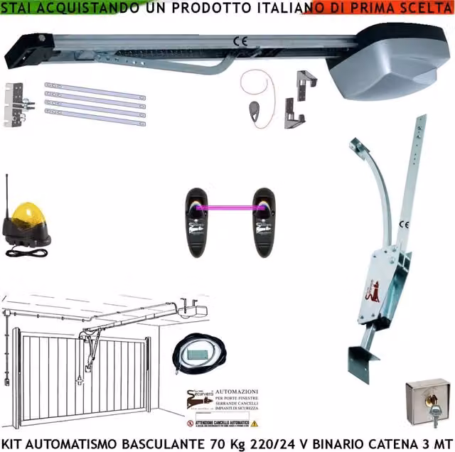 Kit Automatismo Securvera per Porta Basculante da 70 Kg con Motore 220/24 V da Soffitto, Binario in Alluminio e Catena in Acciaio da 3 Metri, Colore Grigio