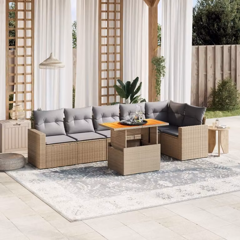vidaXL Set Divani da Giardino 7 pz in Polyrattan con Cuscini Beige e Grigio e Tavolino da Esterno