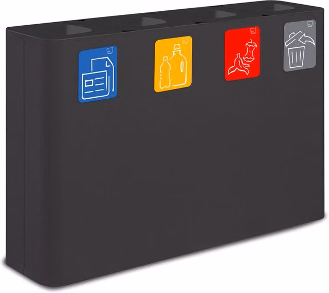 Pattumiera con sistema di raccolta rifiuti a 4 scomparti GIORDANOSHOP in acciaio verniciato nero L: 120 cm, P: 30 cm, H: 80 cm