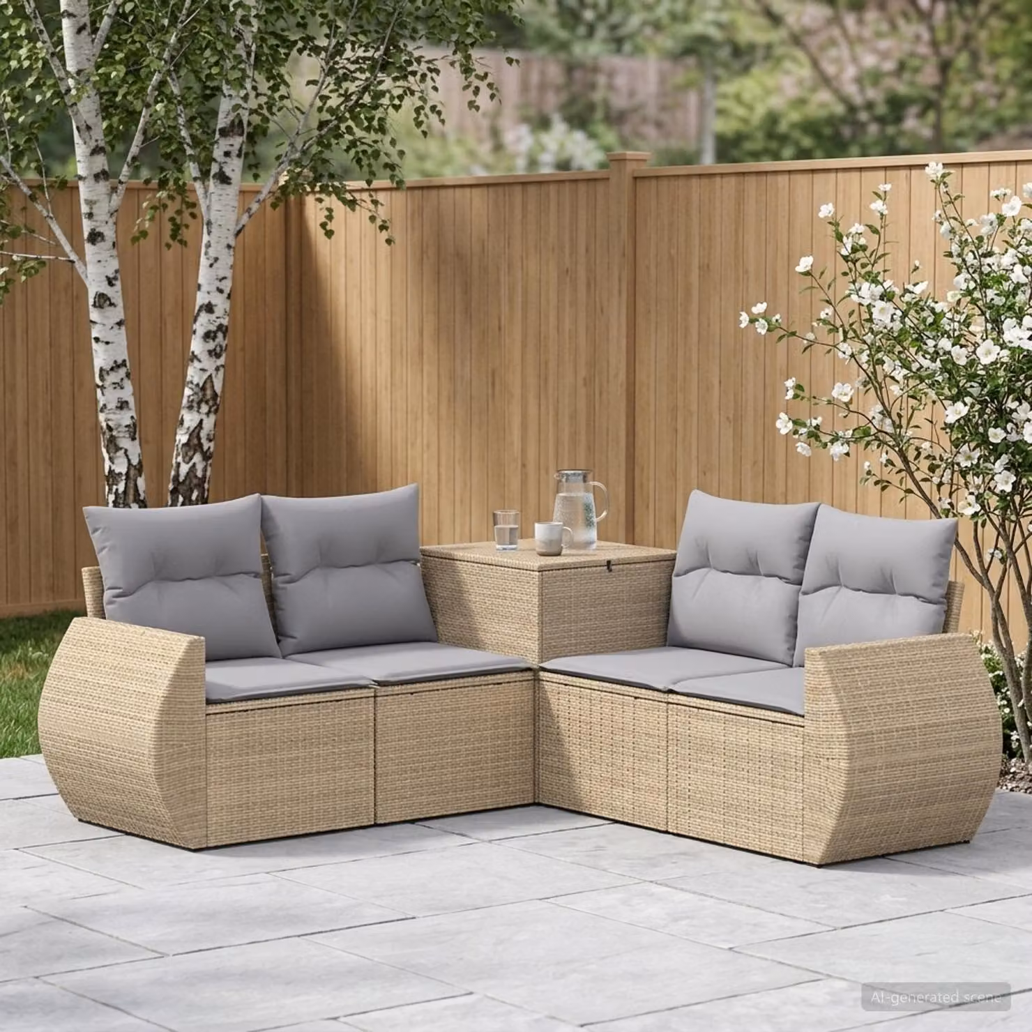 vidaXL Set di divani da giardino a forma di L in polyrattan con cuscini Beige e Grigio