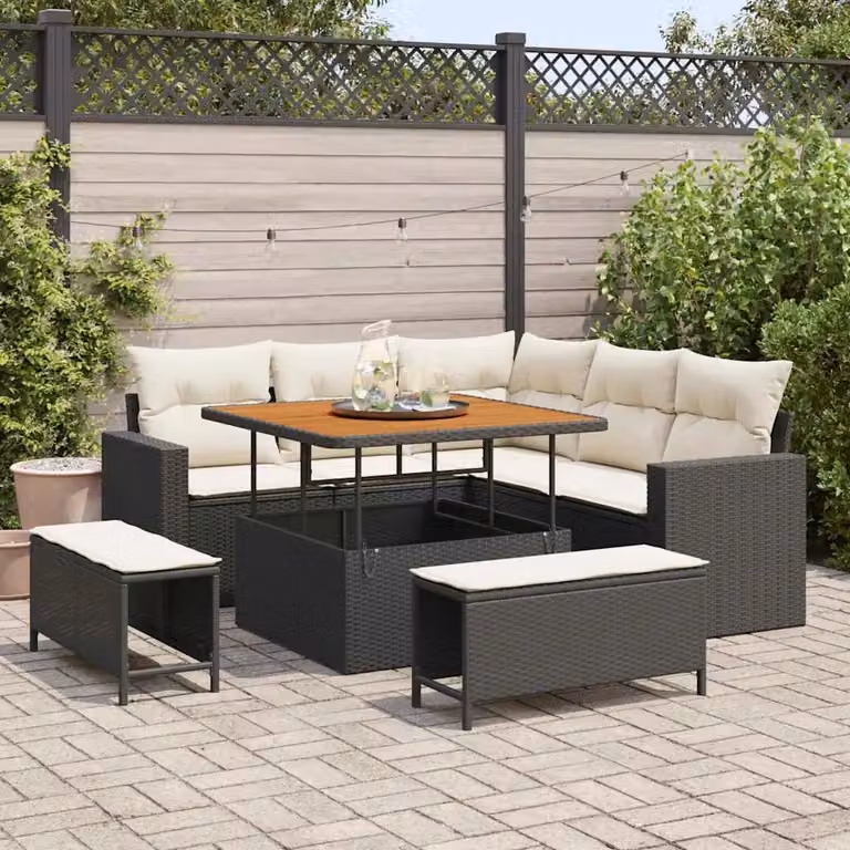 vidaXL Set Divano da Giardino 9 Pezzi a Forma di L con Tavolino e Pouf Nero e Beige
