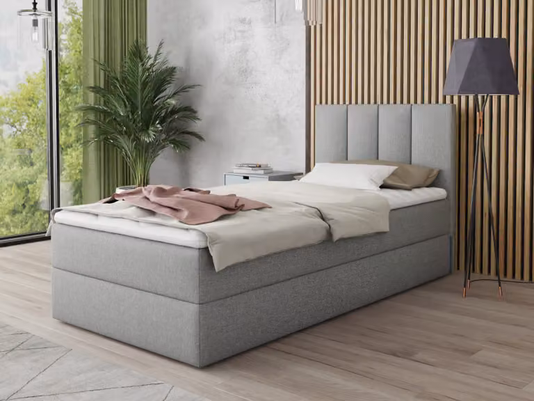 Letto boxspring Star Mini con contenitore, materasso Bonell e topper - Letto singolo con topper, letto imbottito, letto, camera da letto, camera dei ragazzi (Grigio (Inari 91), 80 x 200 cm)