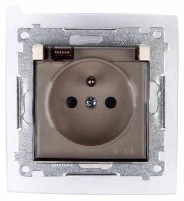 Presa 250 V Simon 54 premium IP44 con schermi beige/trasparente.