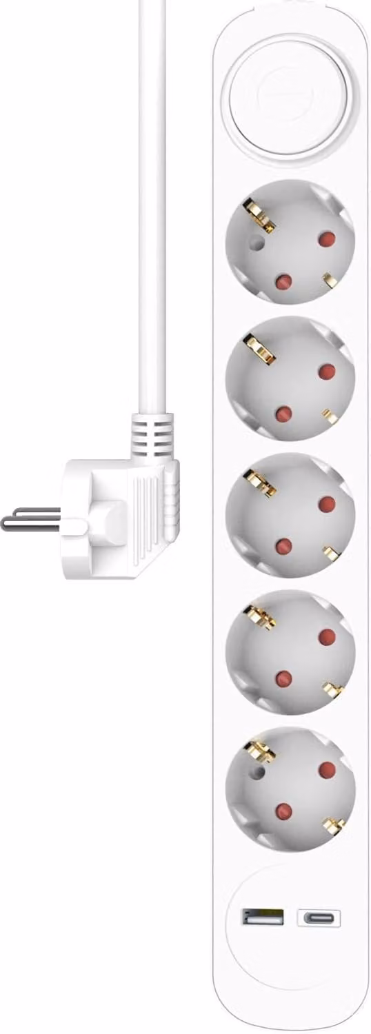 confezione da 2 ELRO ES303 presa di ricarica rapida 5-fold con interruttore e cavo da 1,5 m | Ricarica rapida con USB-C | Spina con messa a terra | Ignifuga | Testata dal | W