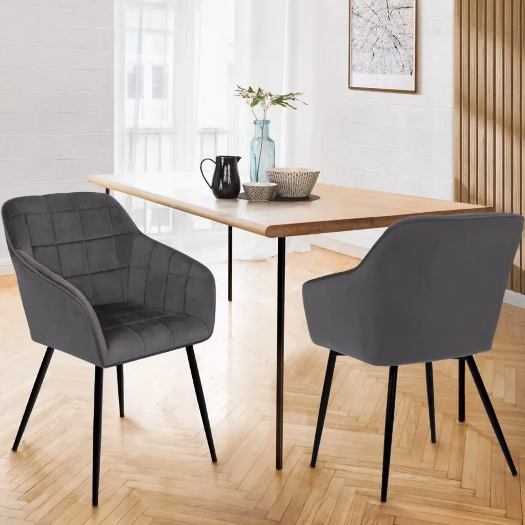 Set di 2 sedie MADY IDMarket in velluto grigio con braccioli e struttura in metallo per soggiorno o cucina – 2