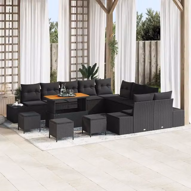 Set Divano da Giardino Moderno vidaXL a Forma a U in Polyrattan Nero con Cuscini e Tavolino da Esterno