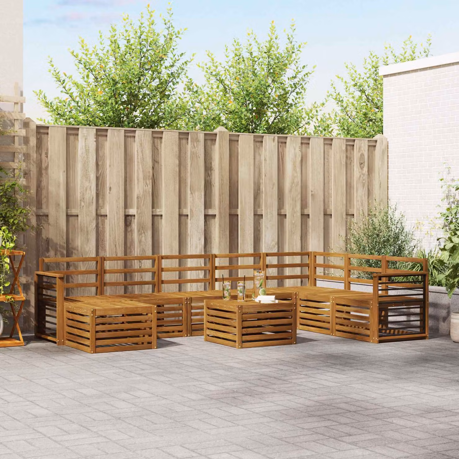 Set di divani da esterno vidaXL 9 pz in legno di acacia marrone con cuscini, tavolino e pouf a forma di L per giardino e terrazza