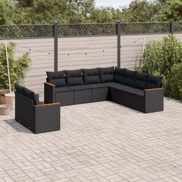 Set Divani da Giardino 9 pz con Cuscini Nero in Polyrattan 3258499
