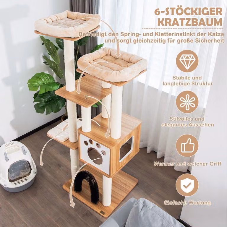 Tiragraffi a 6 livelli da 176 cm con comodi tappetini, grotta e arco per gatti Beige