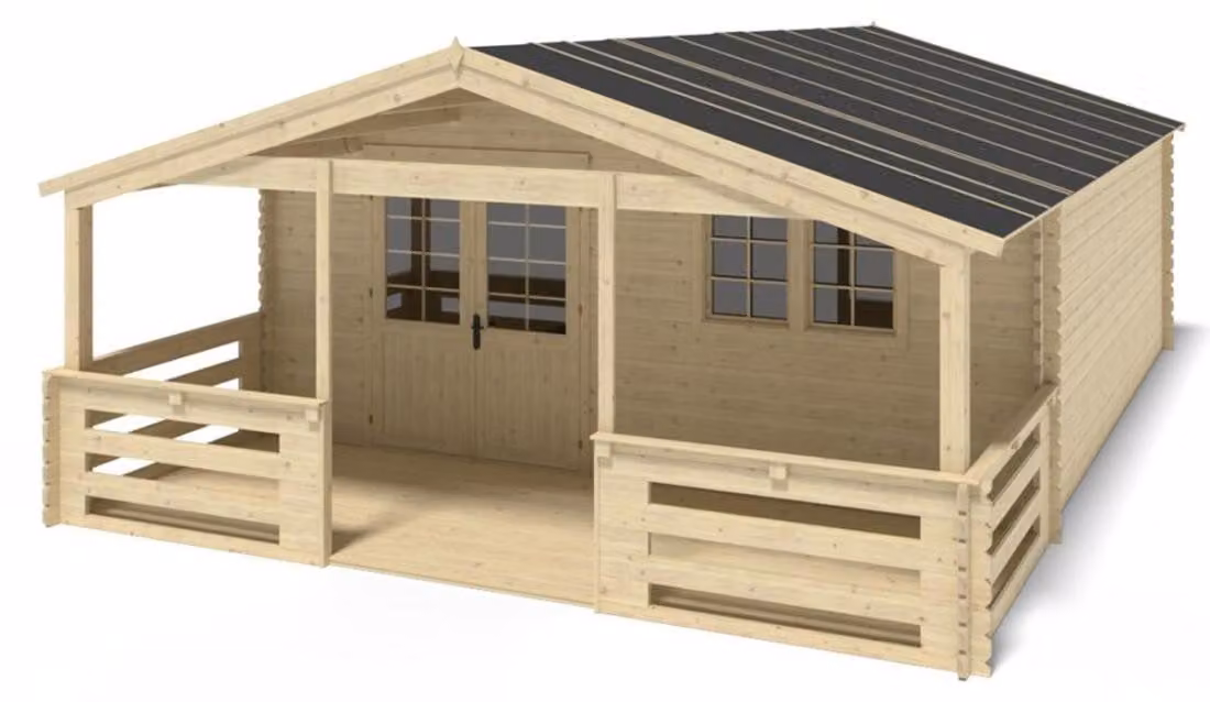 Casetta da giardino in legno con veranda e tettoia - 48m2 - 6x6m - 40mm - colore: naturale