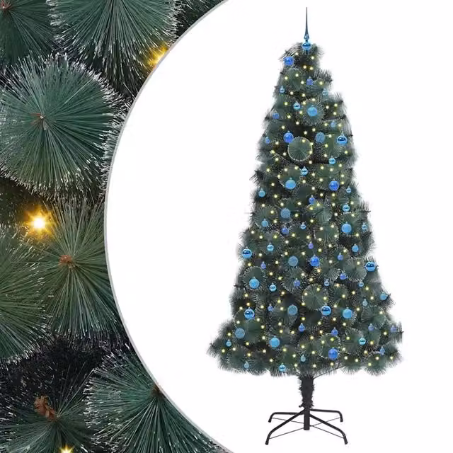 Albero di Natale moderno a forma di cono con illuminazione LED luce bianca calda e decorazioni, colore verde, da interno o esterno