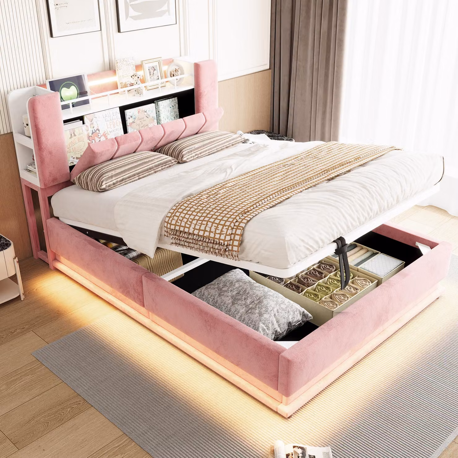 Letto imbottito 140 x 200 cm con vano contenitore sotto il letto ad apertura idraulica, spazio contenitivo nella testiera, illuminazione LED, porta USB, struttura in metallo a listelli e rivestimento in velluto, colore rosa