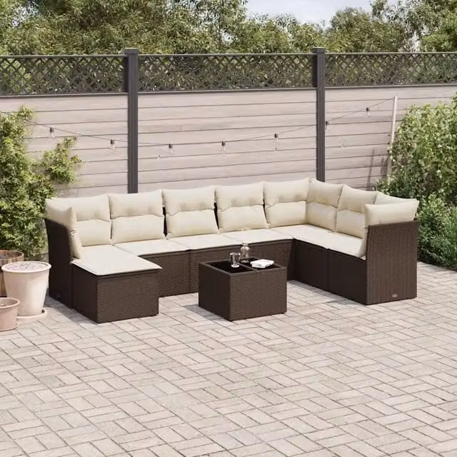 Set di divani da giardino VIDAXL in polyrattan marrone con 9 pezzi e cuscini inclusi – 1
