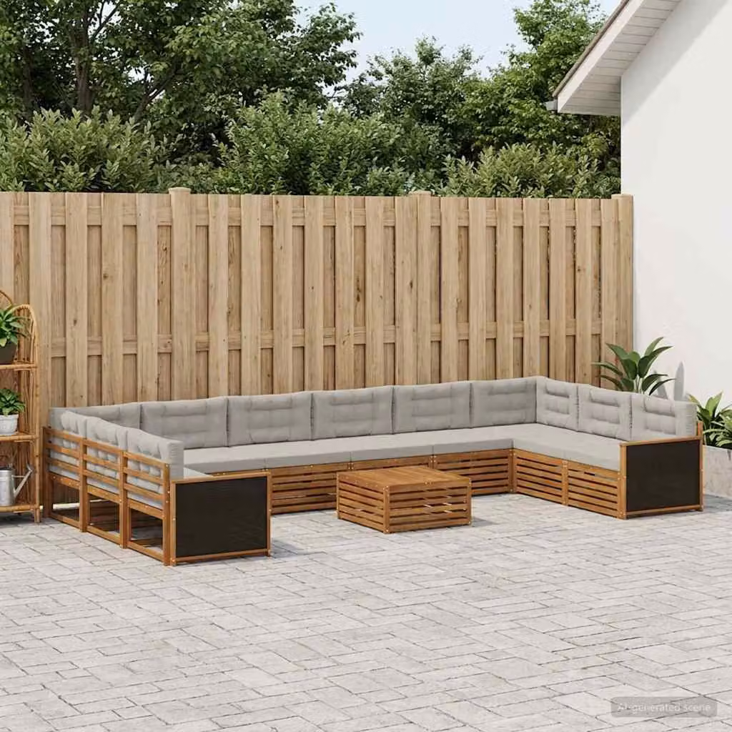 Set di divani da giardino vidaXL 11 pezzi in legno di acacia, colore Naturale e Grigio Chiaro