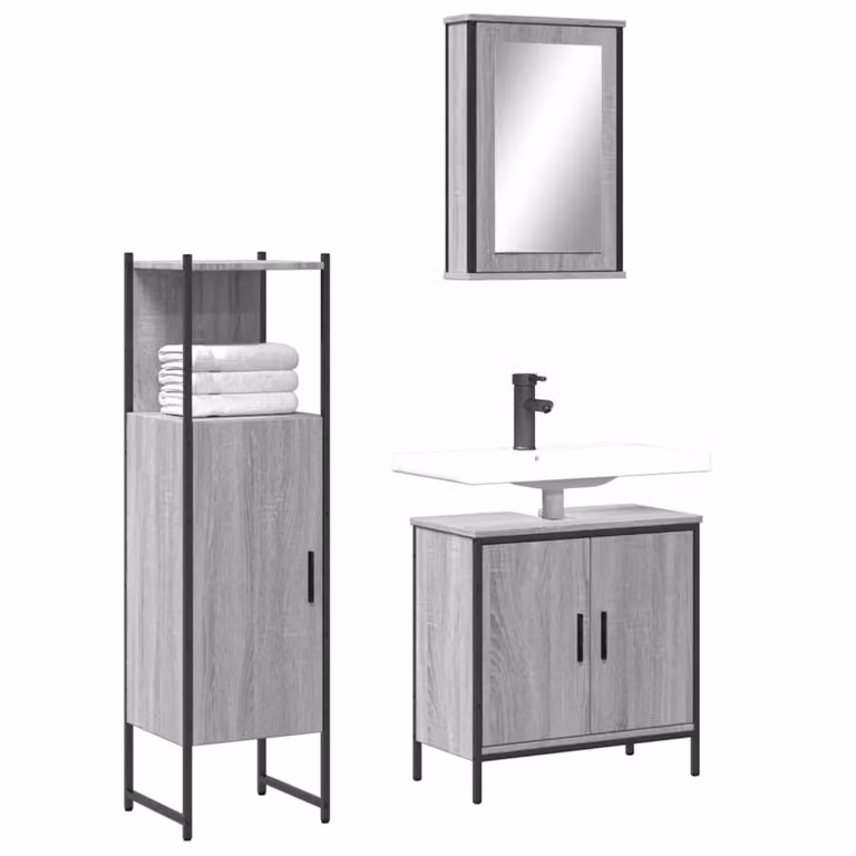 Set di mobili da bagno vidaXL 3 pezzi in legno e metallo grigio moderno composto da mobile lavabo, pensile con specchio e colonna alta