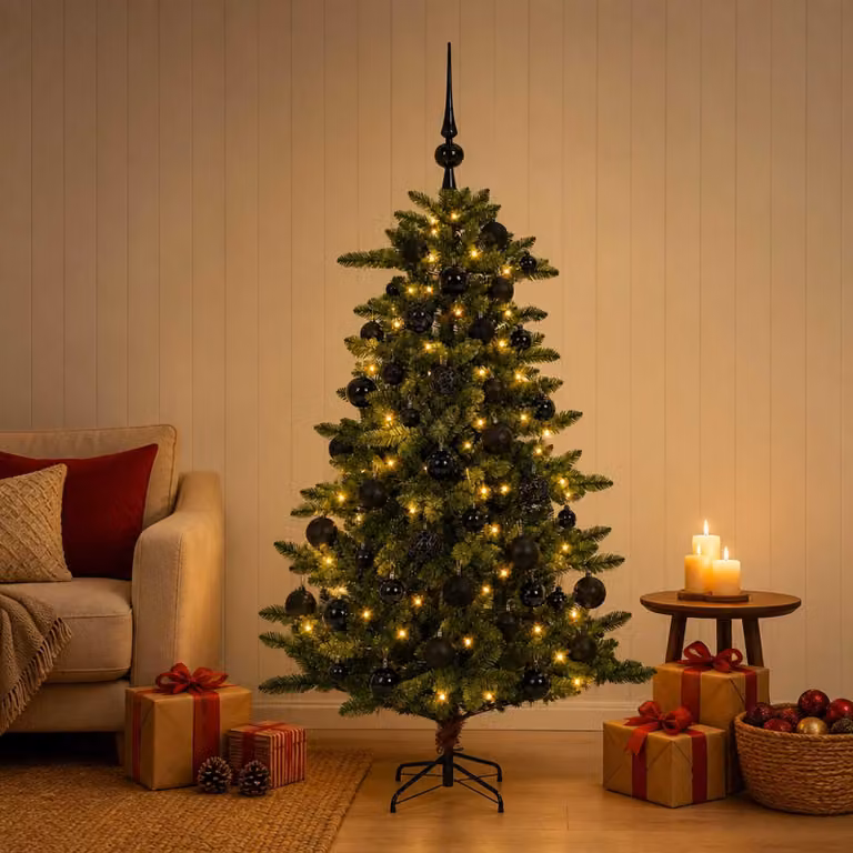 Albero di Natale artificiale con decorazioni a sfera, altezza 120 cm, 150 luci LED