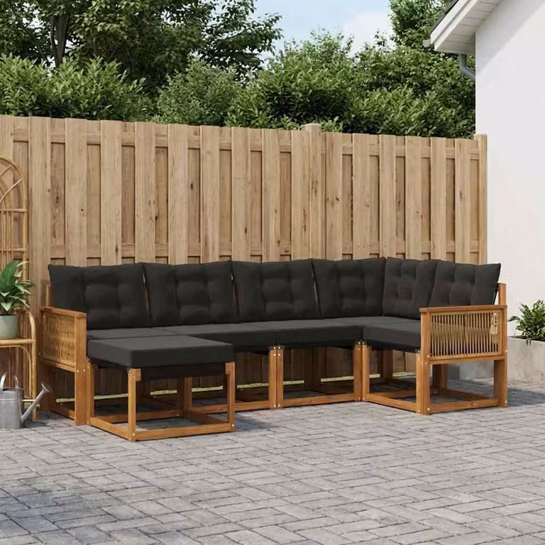 Set di divani da esterno vidaXL a forma di L in legno di acacia con cuscini, colore naturale e nero