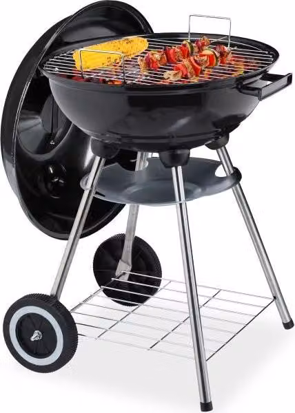 Barbecue in acciaio con coperchio e ripiano
