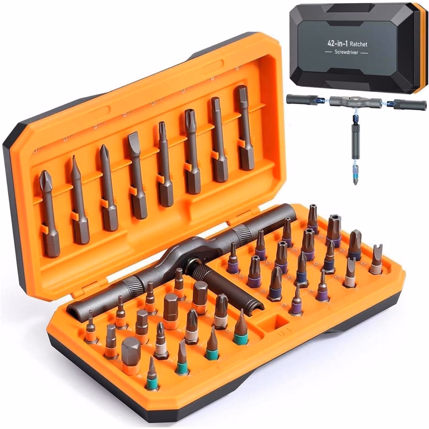 Set di cacciaviti magnetici 42-in-1 con manico a cricchetto, colore arancione