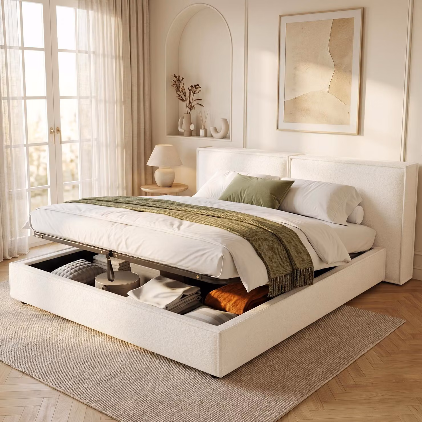 Letto imbottito idraulico Flieks, 180x200 cm, con spazio contenitore, letto a due piazze per ragazzi con testiera imbottita, letto contenitore in tessuto bouclé, color beige