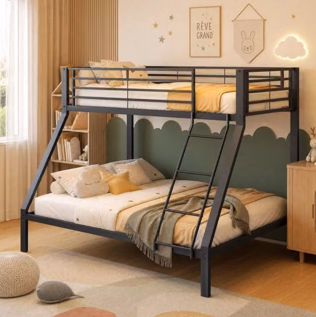 Letto a castello in metallo nero 90x200 cm sopra e 140x200 cm sotto; con scala reversibile