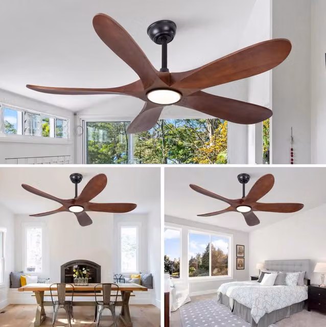 Ventilatore da soffitto con luce; 5 pale in legno massello; noce e nero
