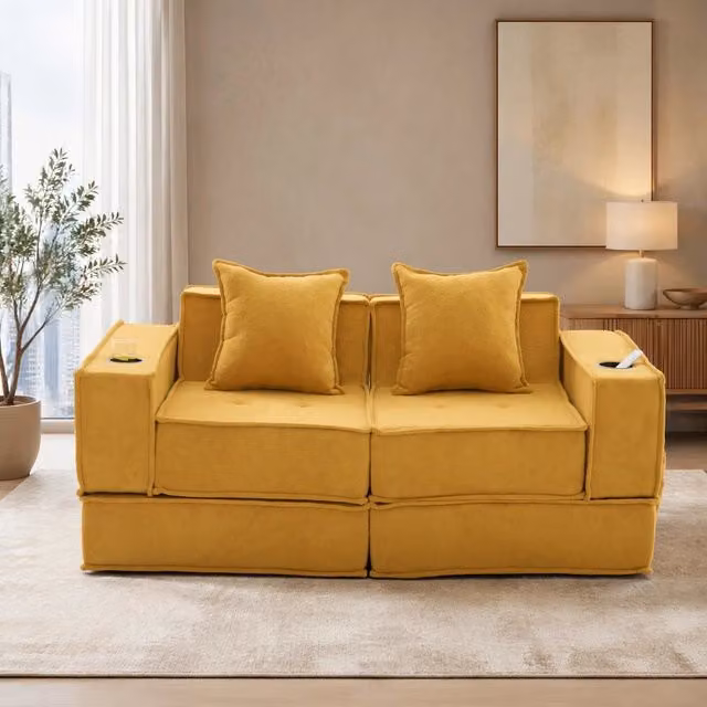 Pouf divano modulare in ciniglia giallo senape 162x78x66 cm con 2 cuscini e tasche laterali