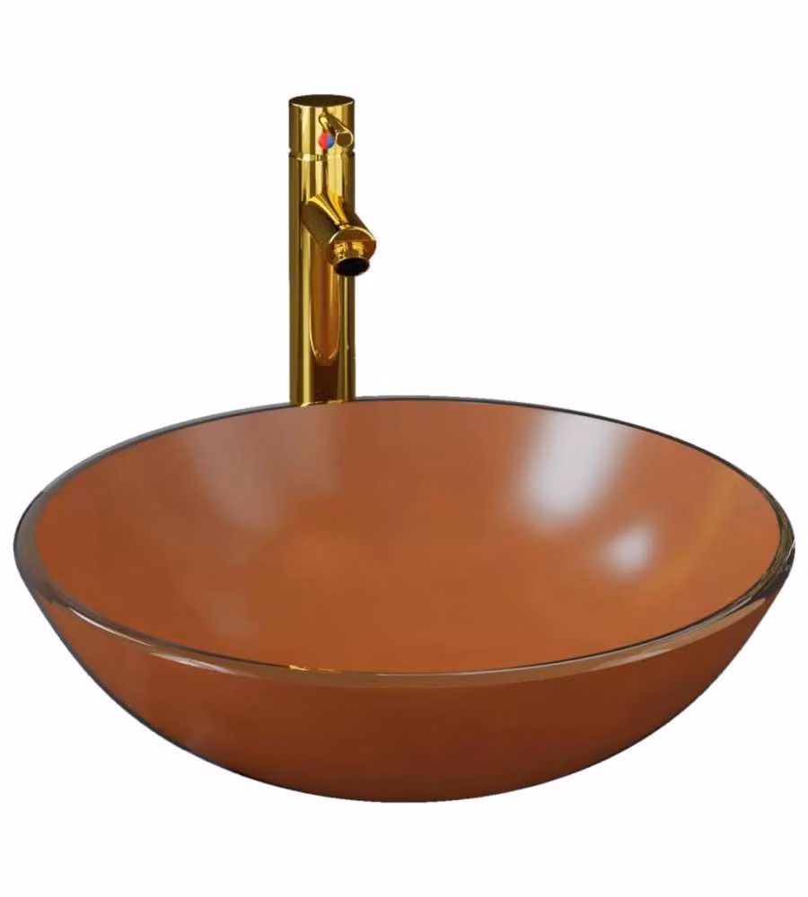 Lavandino con Rubinetto e Piletta in Vetro Temperato vidaXL, Colore Marrone e Oro, L/P/H: 42 x 42 x 13 cm – 2