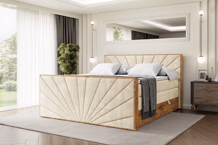 Letto boxspring ALTDECOR con materasso e rete a doghe, topper, pediera, letto imbottito con contenitore, letto con spazio contenitivo, materassi H3 e H4, letto matrimoniale -LOLLI6-Z KING-120x200 - Beige Monolith
