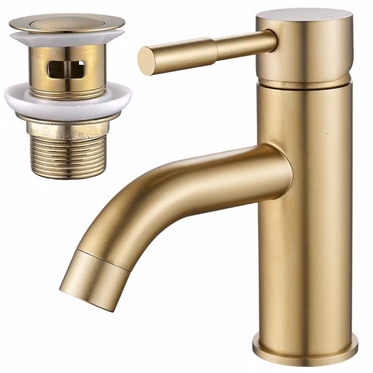Miscelatore monocomando dorato per lavabo, con tappo a salvagoccia integrato