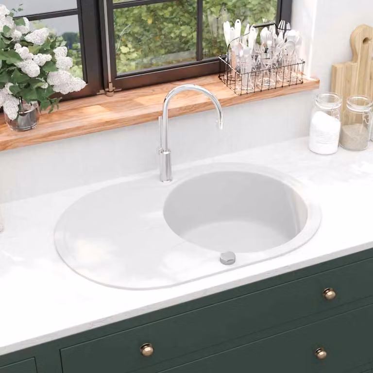 vidaXL Lavello da Cucina in Granito con Vasca Singola Ovale Bianco L/P/H: 77,0 x 49,0 x 20,5 cm