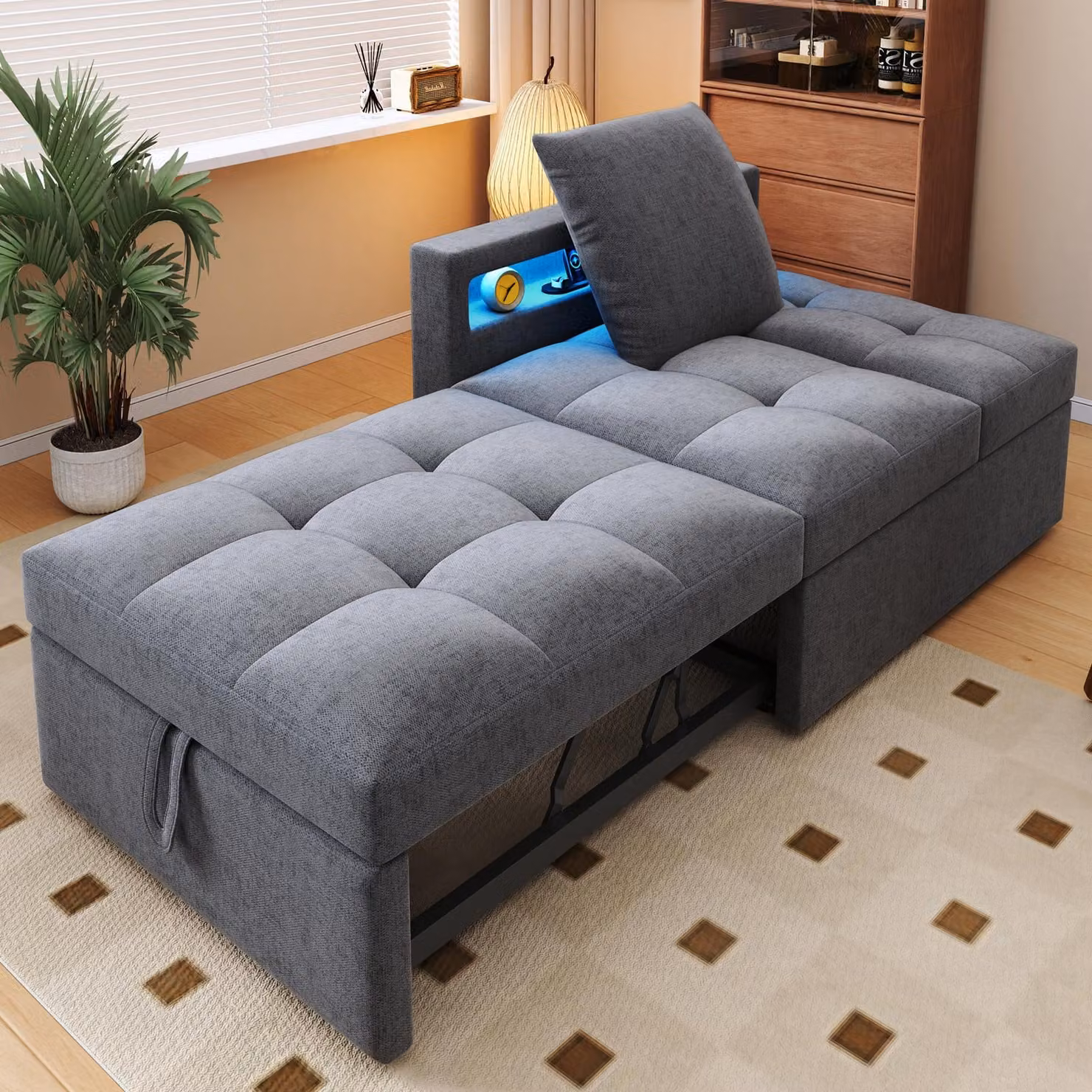 Divano letto STILVORA con schienale regolabile Divano letto multifunzionale con strisce luminose a LED Divano per il tempo libero con porte USB e Type-C Grigio chiaro