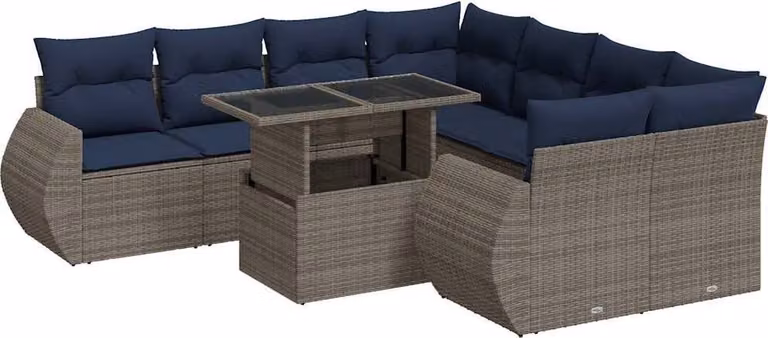Set Divano da Giardino 9pz con Cuscini Grigio Polyrattan Acacia
