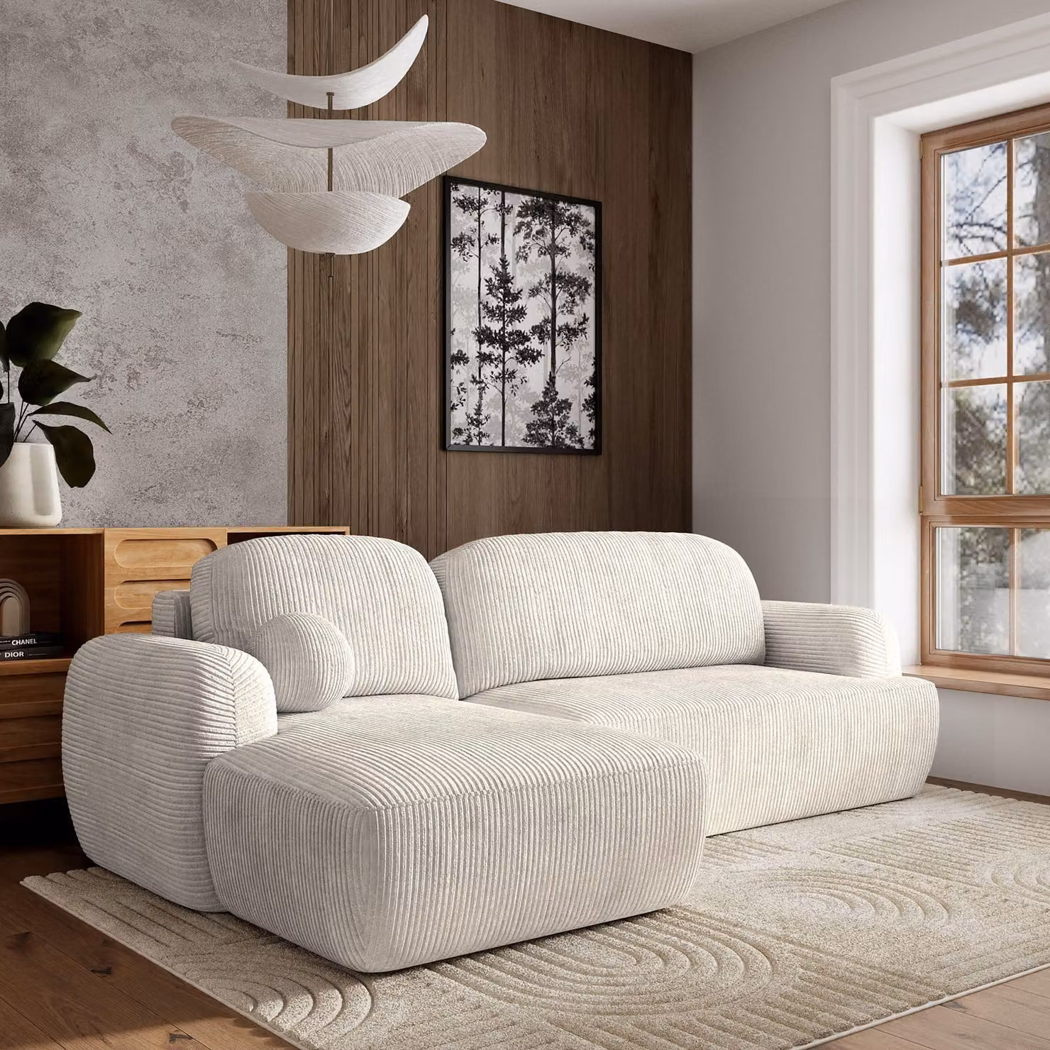 Divano angolare Masseno MODENZA P L-S con funzione letto a L, divano con box letto, divano da soggiorno, divano, divano letto, set di divani - crema, POSO 100
