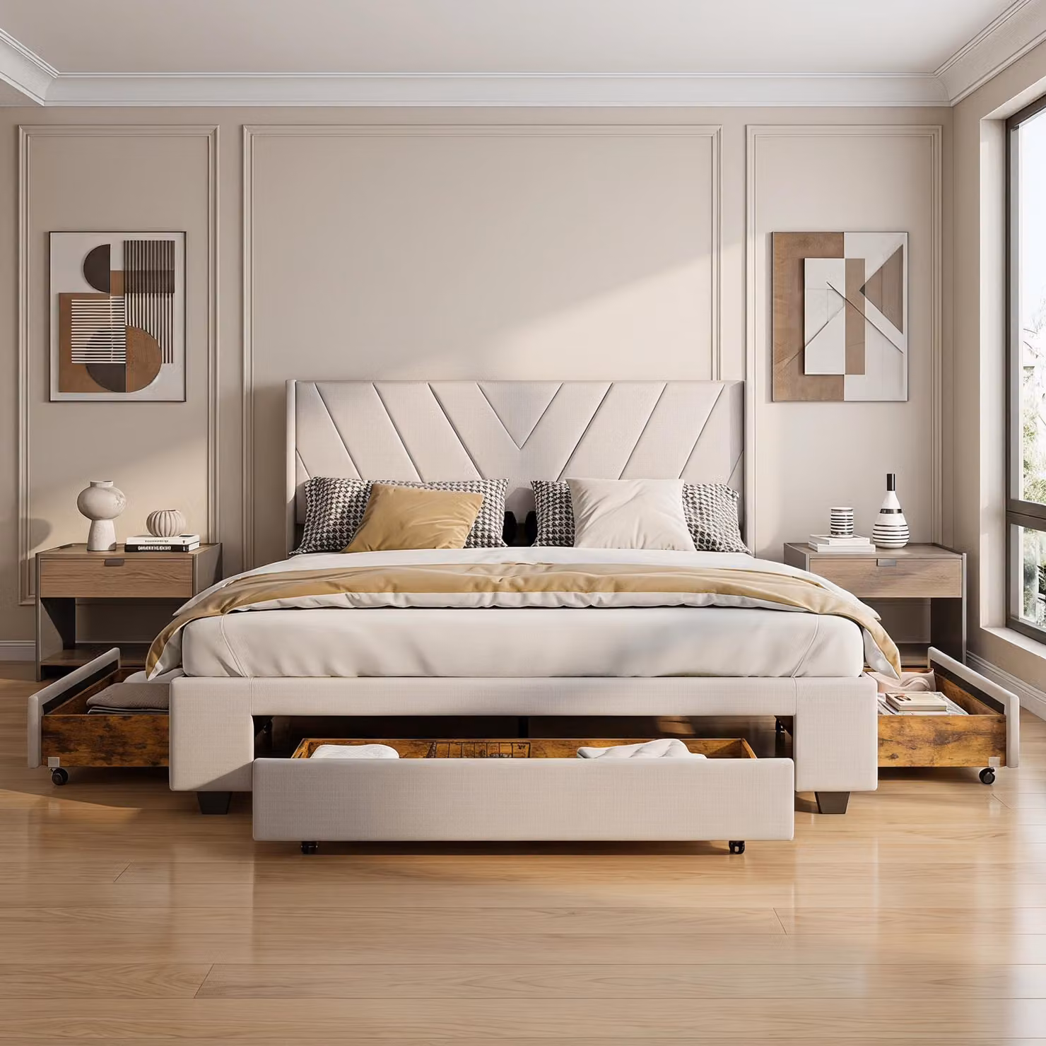 Letto imbottito INONEFT, 140x200 cm, con 3 cassetti, letto per ragazzi con spazio contenitivo, letto multifunzionale a due piazze, colore: lino, beige