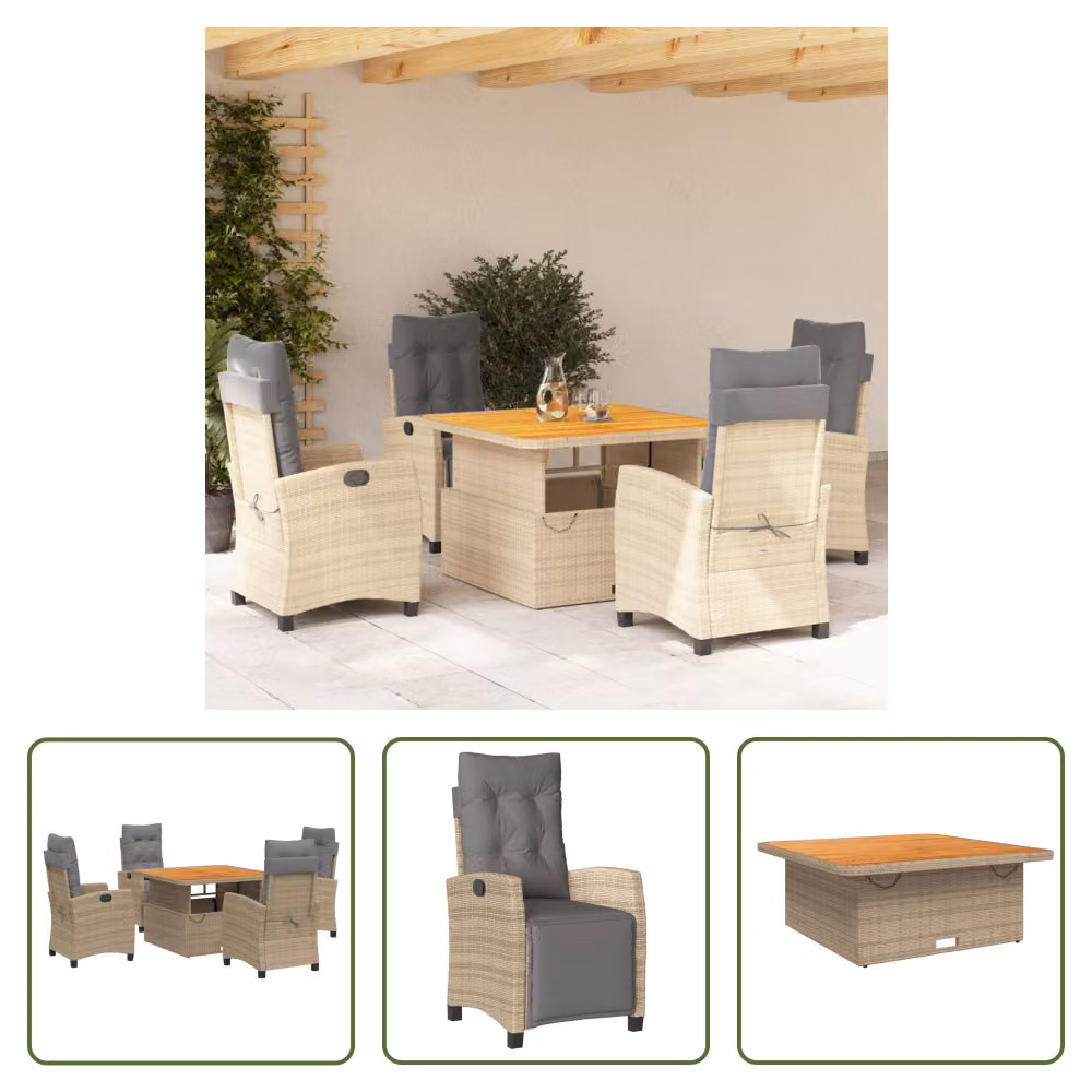 The Living Store Set da pranzo da giardino 5 pezzi con cuscini Beige poly rattan