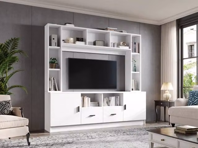 Set mobile TV soggiorno ¨C Minimal ¨C Bianco, 180x35x170cm, con 2 ante, 2 cassetti, 11 ripiani, per TV fino a 60 pollici