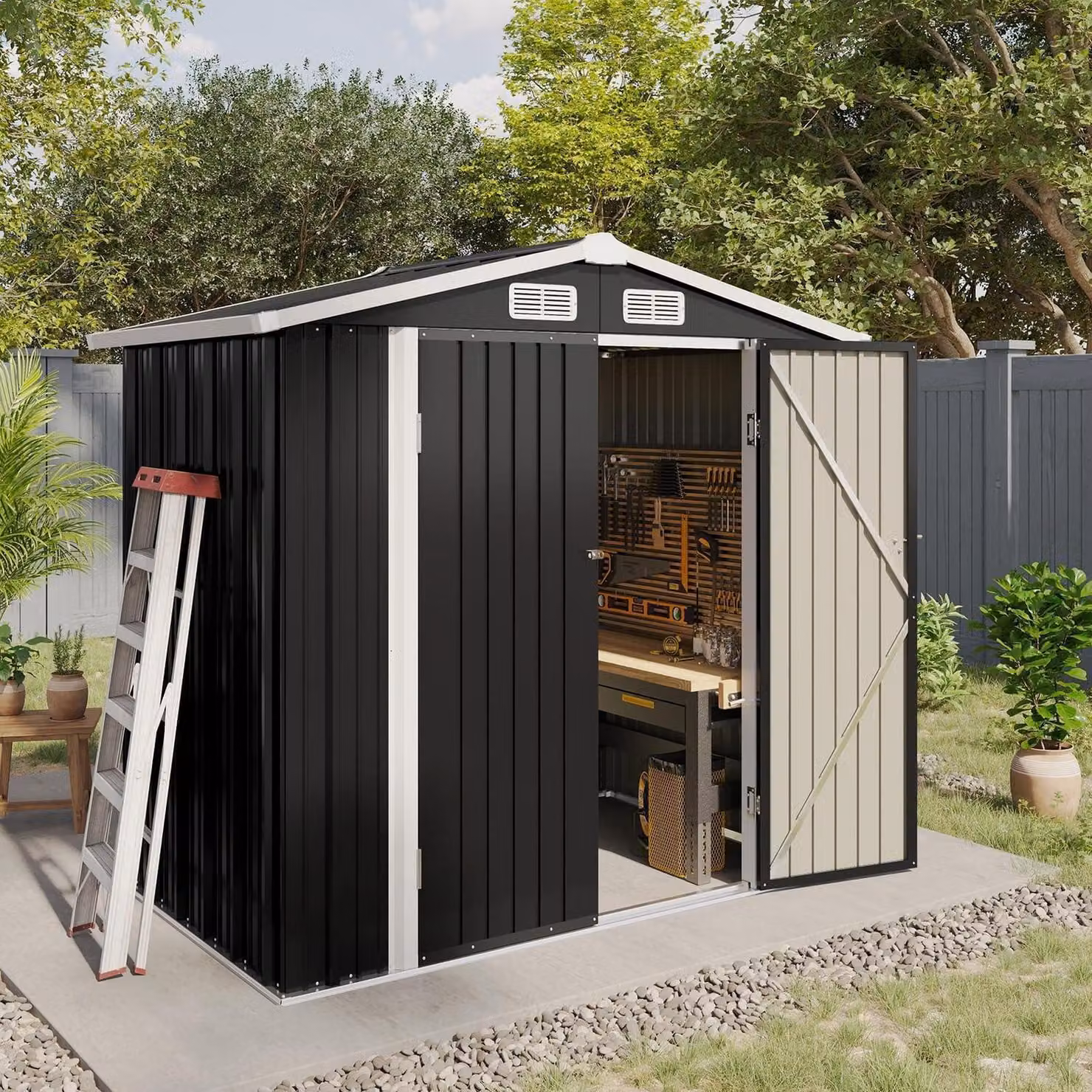 Capanno da giardino, dimensioni 1,8 x 1,2 metri, in metallo, colore nero, con serratura, resistente alle intemperie