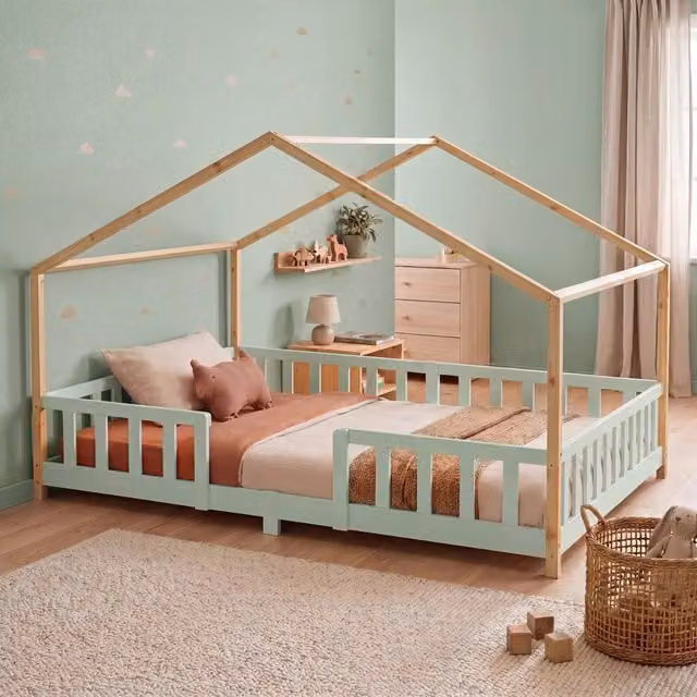 Letto per Cameretta Treviolo a Forma di Casetta in Stile Montessori 140x200 cm Menta Verde/Naturale [en.casa]